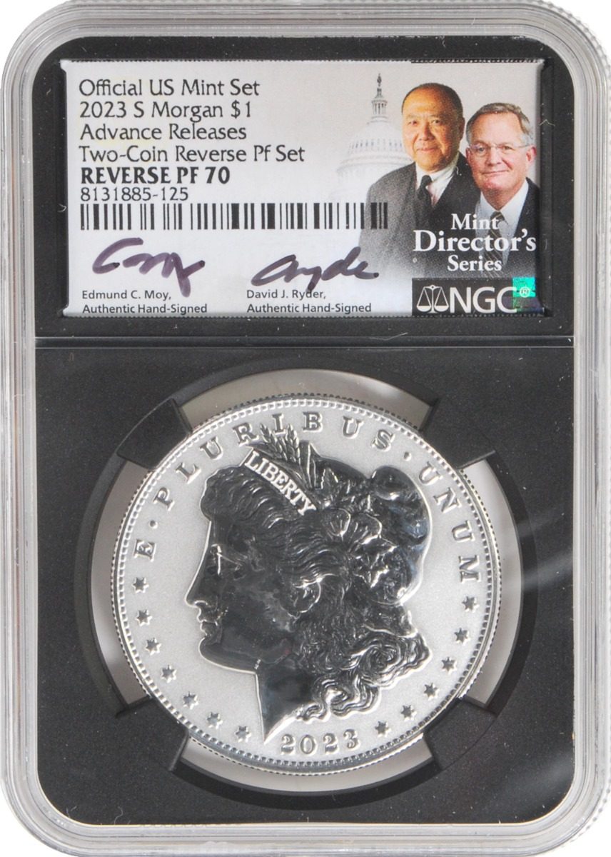 2023 S Morgan & Peace Silver Dollars Reverse Proof 70 Advance Release Certified w/Moy & Ryder Signatures - Westminster Mint