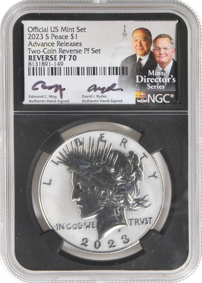 2023 S Morgan & Peace Silver Dollars Reverse Proof 70 Advance Release Certified w/Moy & Ryder Signatures - Westminster Mint