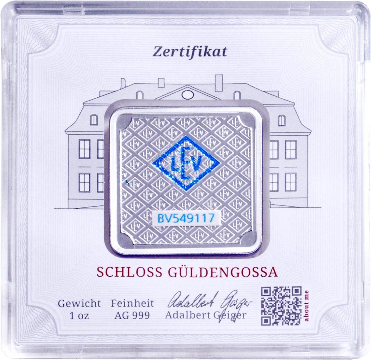 1kg Silber-Barren, Geiger outlet Schloss Güldenrossa mit Zertifikat