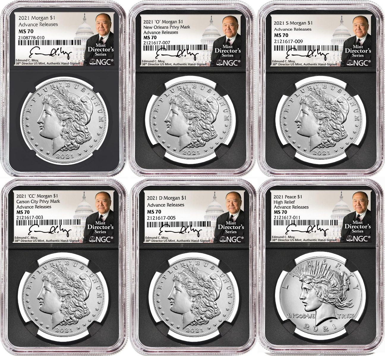 2021 Six-Piece Morgan & Peace Dollar Set NGC MS70 Advance Release Edmund C. Moy Signatures MDS Labels - Westminster Mint