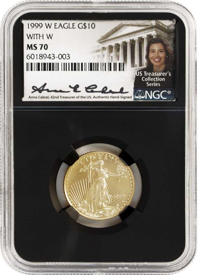 1999 W $10 Gold Eagle NGC MS70 W/ Unfinished Dies - Major Mint Error/Die Variety Coin - Anna Cabral Signature - Westminster Mint