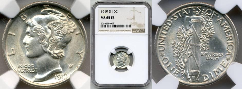 1919-D Mercury Dime NGC MS65 Full Bands