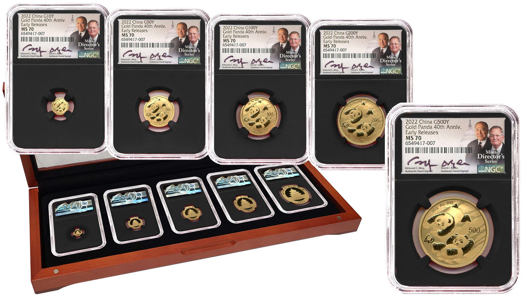 2022 China Gold Panda 5-Coin 40th Anniversary Set NGC MS70 Moy/Ryder Signatures