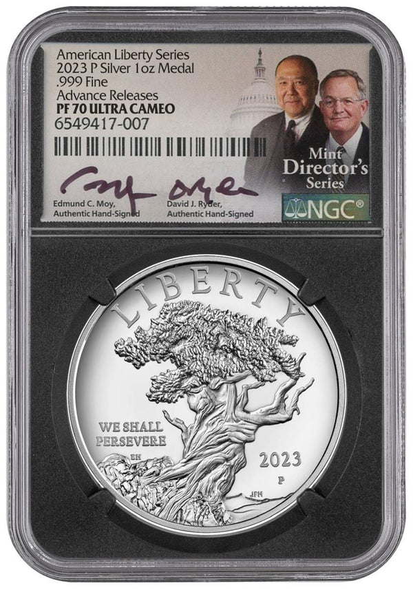 2023 P American Liberty Silver Medal NGC PF70 Advance Release Signed by Edmund C. Moy and David Ryder - Westminster Mint