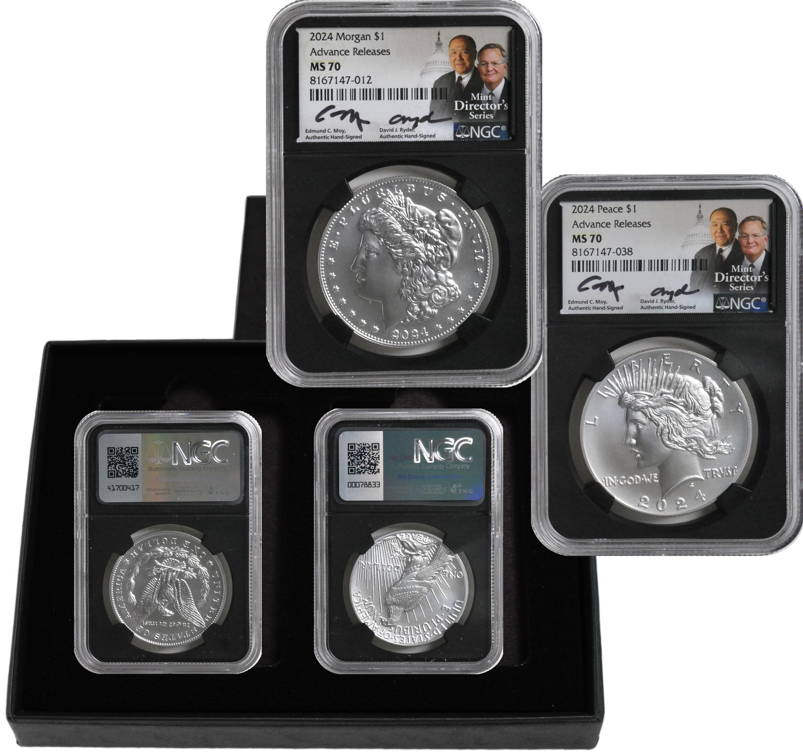 2024 Morgan and Peace Dollar NGC MS70 Advanced Release Mint Director Series Signed by Edmond Moy & David Ryder