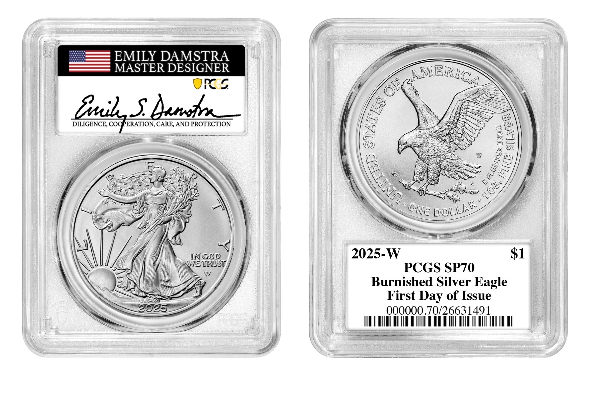 2025 American Silver Eagle Burnished Coin – First Day of Issue SP70 Damstra Signed