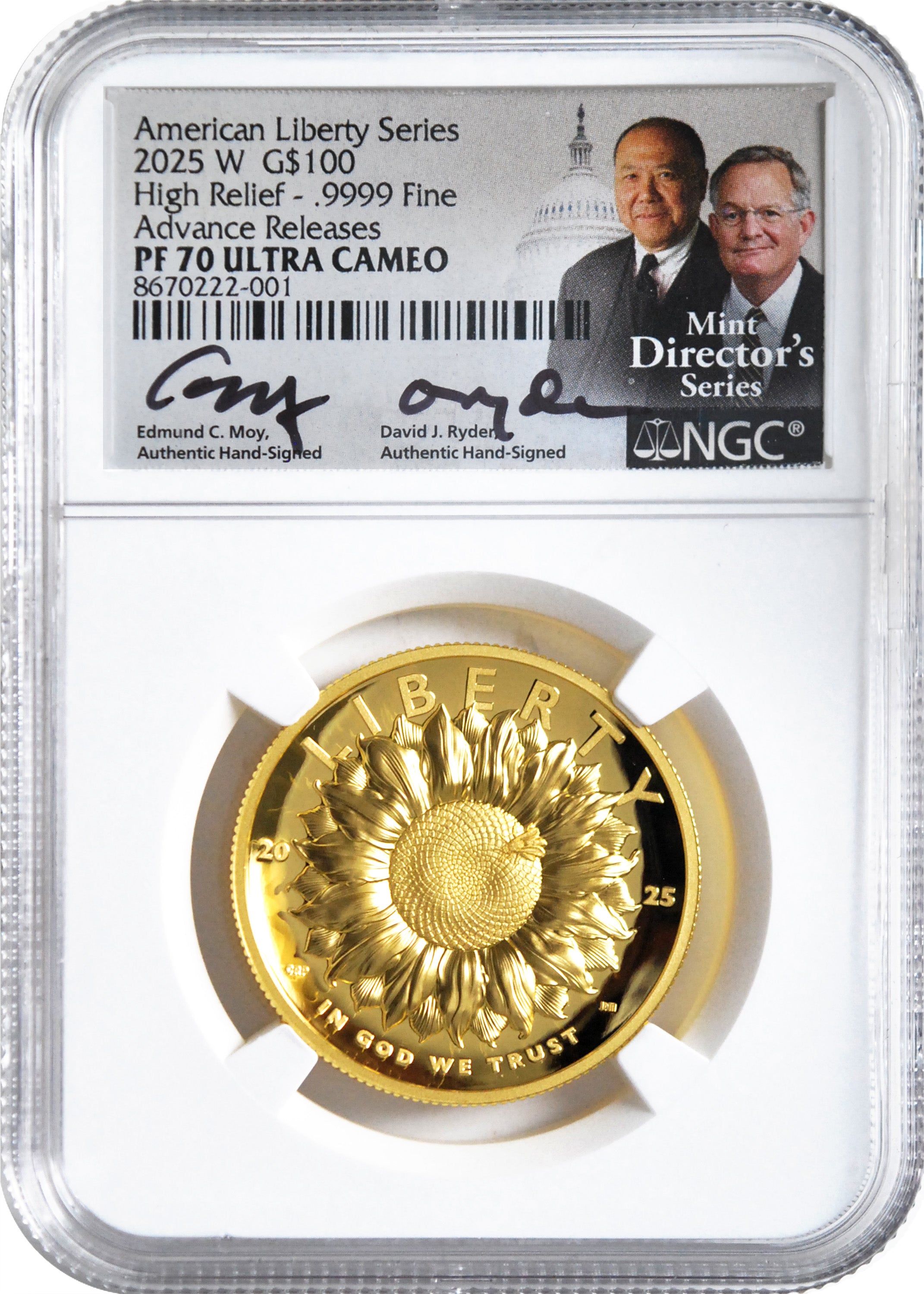 2025 ADV REL $100 GOLD PF70 MOY/RYDER