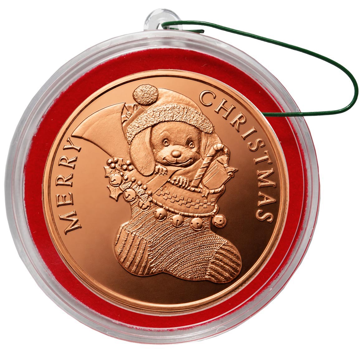 2026 COPPER PUPPY IN A STOCKING CHRISTMAS COIN ORNAMENT