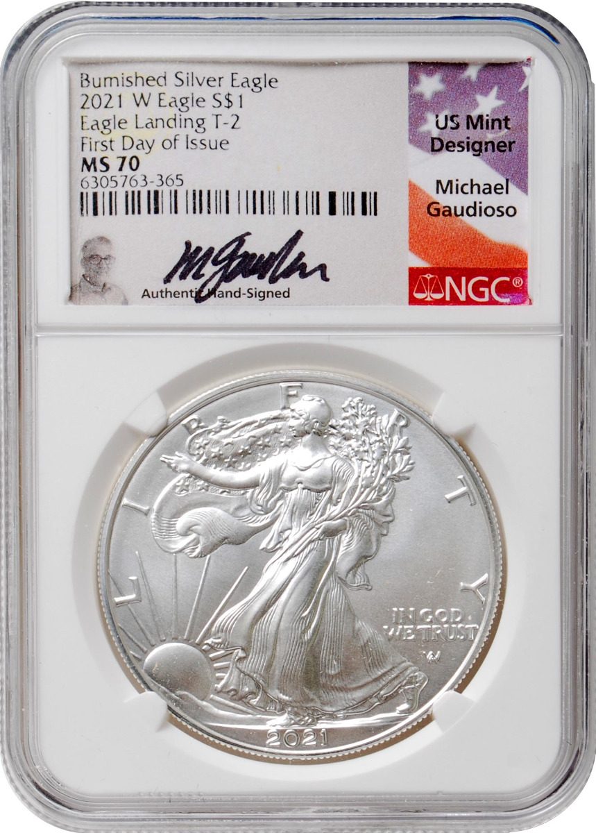2021 W American Silver Eagle Type 2 Burnished NGC MS70 FDI Guadioso Signature - Westminster Mint