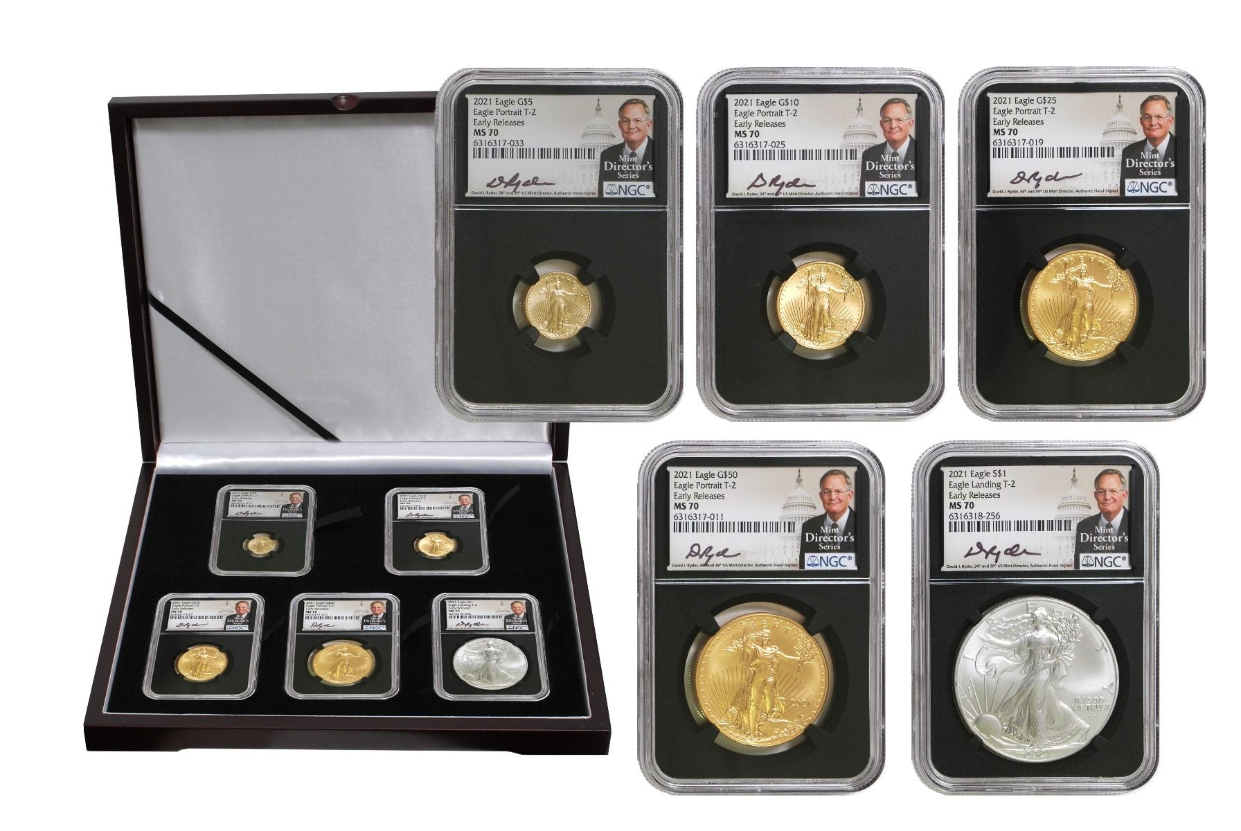 2021 Five-Piece Gold/Silver T2 Set NGC MS70 David J. Ryder Signatures - Westminster Mint
