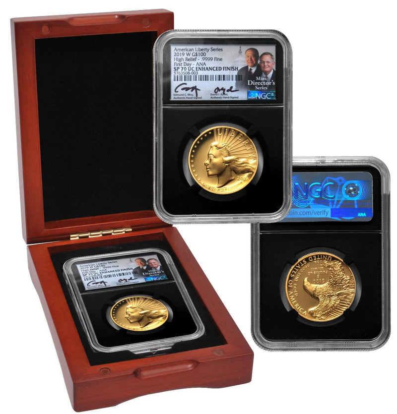 2019 $100 High Relief SP70 HIGH RELIEF SP70 First Day ANA Show Signed by two U.S. Mint Directors - Westminster Mint