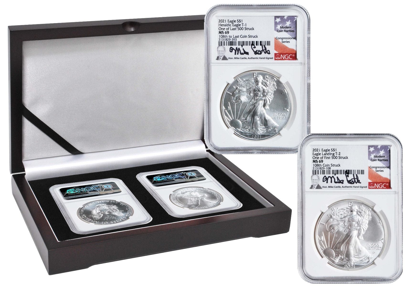 2021 Silver Eagle Type 1 & Type 2 - At Dusk & Dawn 35th Anniversary NGC MS69 2-PC set with matched Numbers Michael Castle Signature