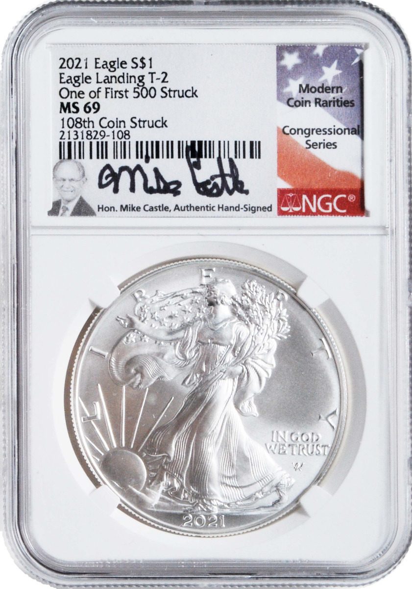 2021 Silver Eagle Type 1 & Type 2 - At Dusk & Dawn 35th Anniversary NGC MS69 2-PC set with matched Numbers Michael Castle Signature