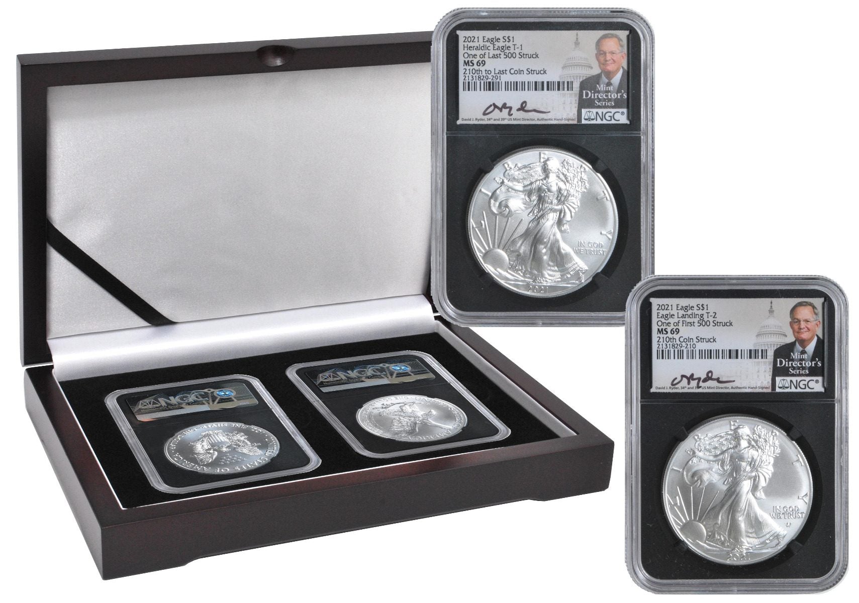 2021 Silver Eagle Type 1 & Type 2 - At Dusk & Dawn 35th Anniversary NGC MS69 2-PC set with matched Numbers David Ryder signature