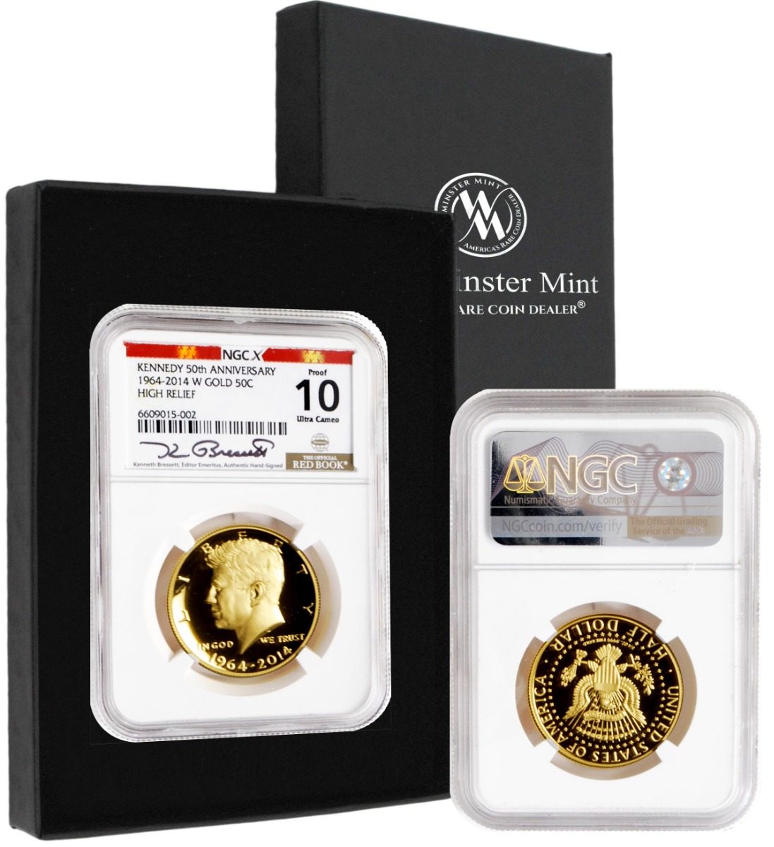 2014-W Proof 50th Anniversary Kennedy Gold Half Dollar NGC PF10 High Relief w/Kenneth Bressett Signature - Westminster Mint
