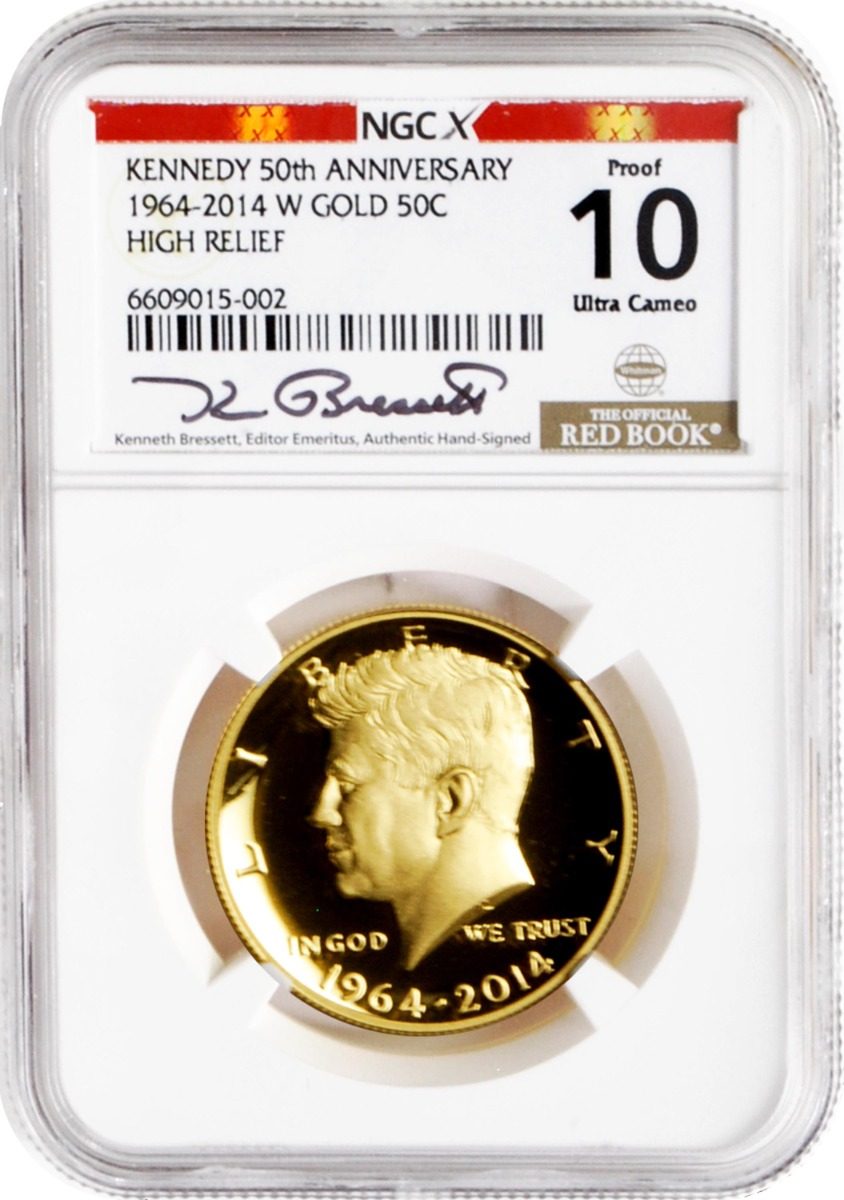 2014-W Proof 50th Anniversary Kennedy Gold Half Dollar NGC PF10 High Relief w/Kenneth Bressett Signature - Westminster Mint