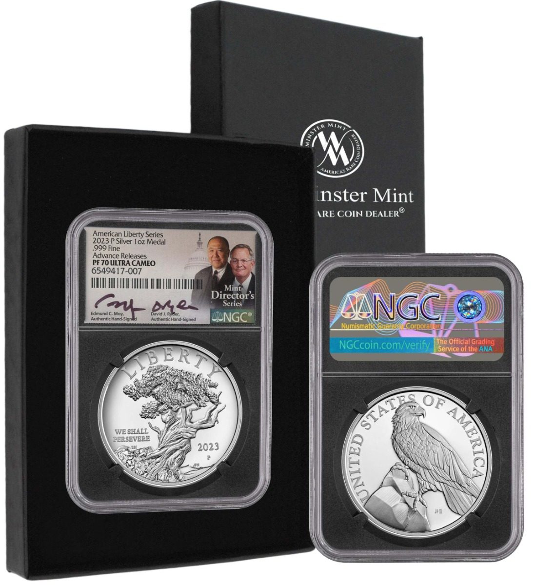 2023 P American Liberty Silver Medal NGC PF70 Advance Release Signed by Edmund C. Moy and David Ryder - Westminster Mint