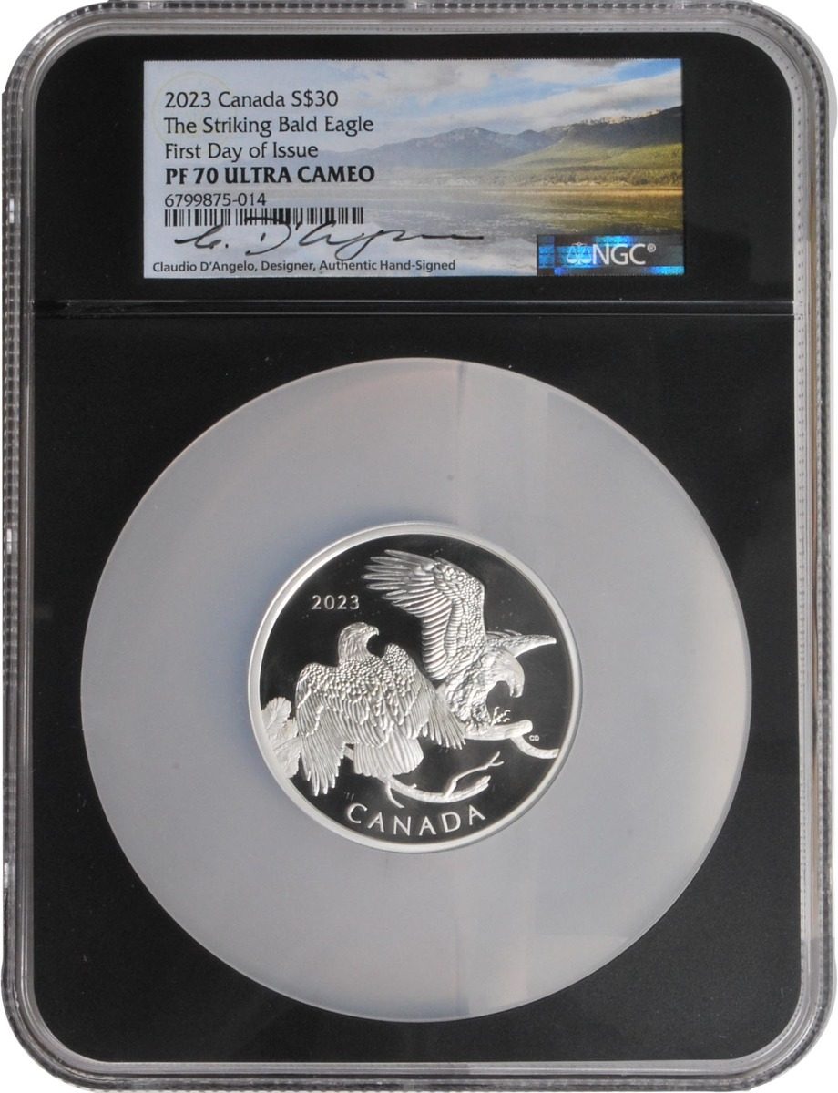 2023 $30 The Striking Bald Eagle Two-Ounces Silver NGC PF70 UCAM First Day of Issue Signed by Claudio D Angelo