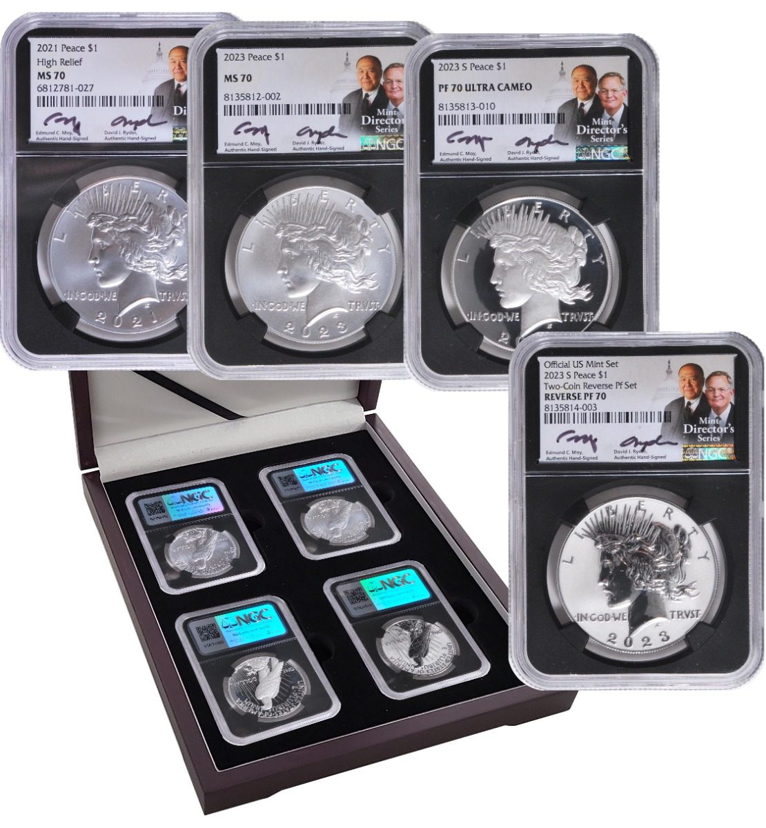 2021 2023 PEACE DOLLARS 4-PC SET NGC 70 SIGNED MOY/RYDER U.S. MINT DIRECTOR S SERIES