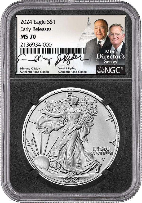 2024 SILVER EAGLE NGC MS70 HAND SIGNED BY U.S. MINT DIRECTORS EDMUND C. MOY & DAVID RYDER - Westminster Mint