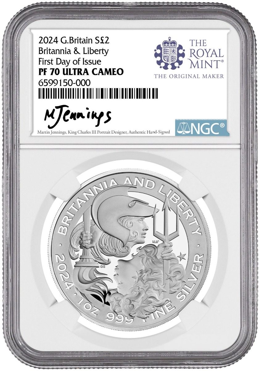 2024 £2 Britannia Liberty Silver NGC PF70 First Day of Issue Signed by Martin Jennings
