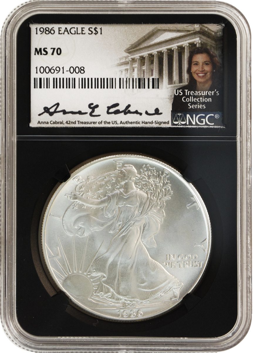 1986 American Silver Eagle NGC MS70 - First Year of Issue - Anna Cabral Signature