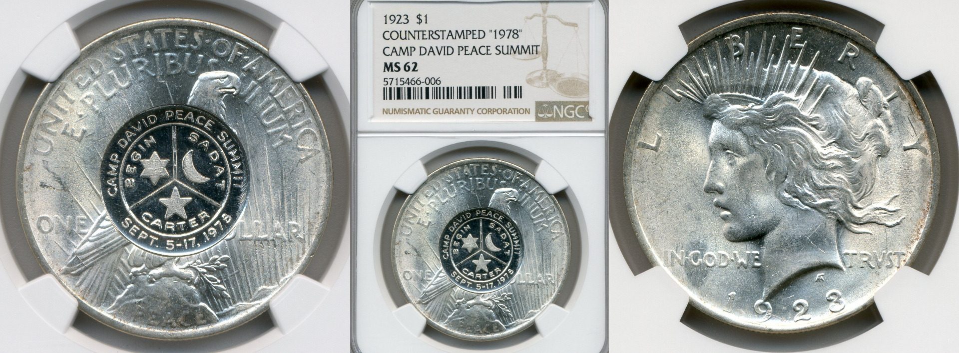 1923 P $1 Peace Dollar NGC MS62 1978 Camp David Counterstamp