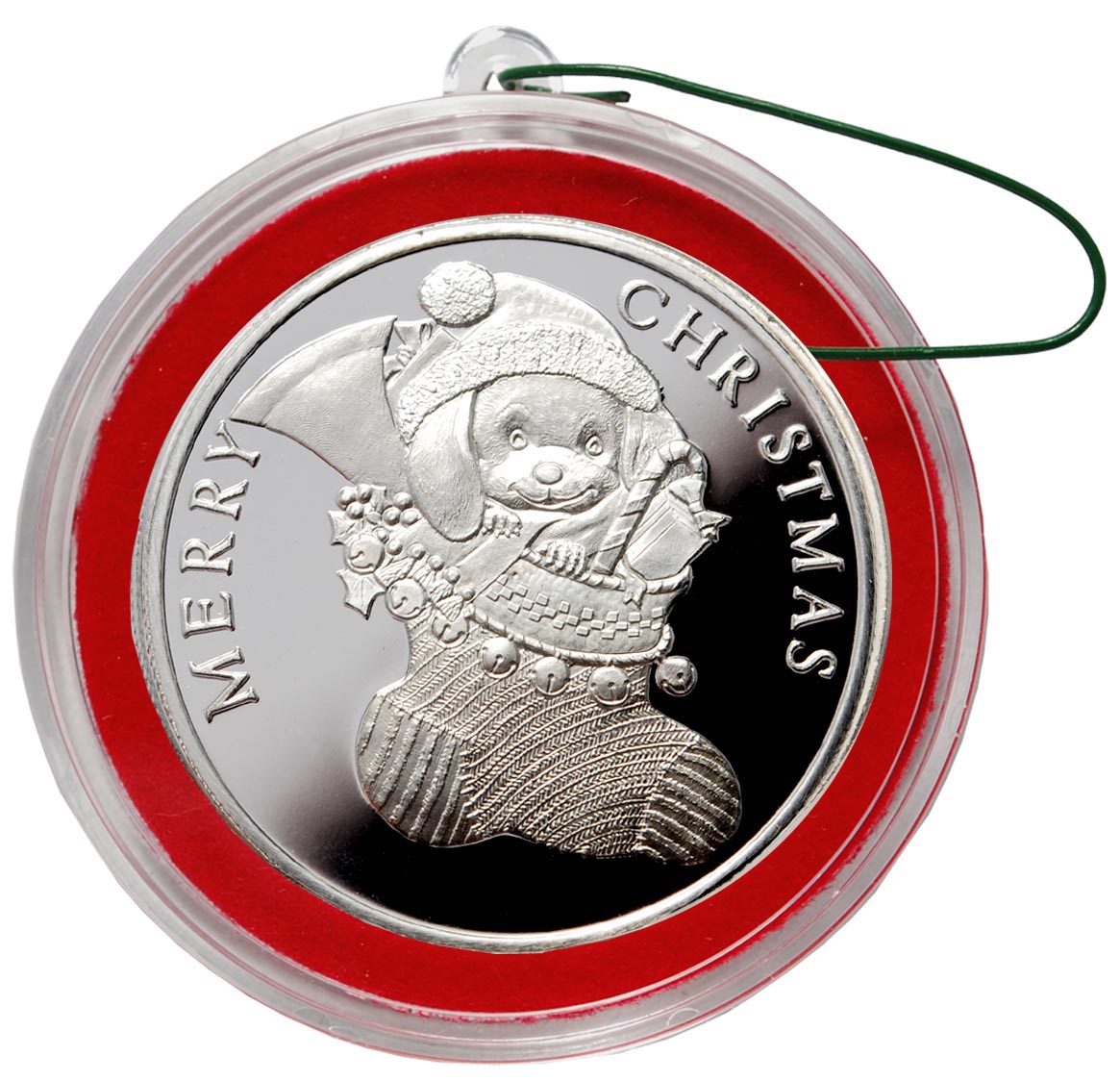 2026 SILVER PUPPY IN STOCKING CHRISTMAS COIN ORNAMENT